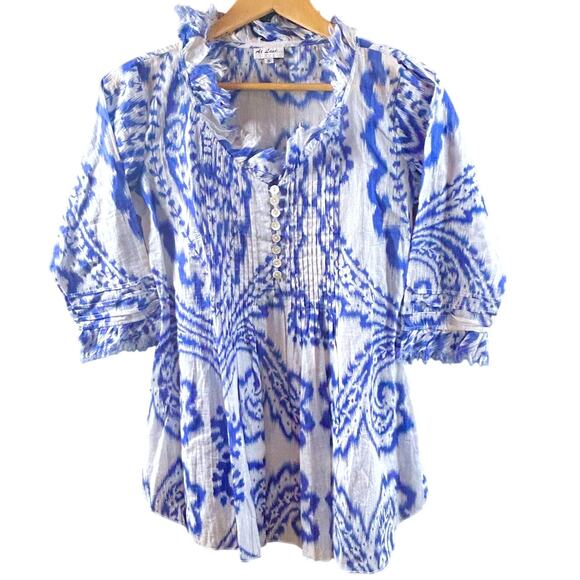 At Last Tops - At Last Boho Hippie Babydoll Buttons Raw Edge Details Lagenlook Blue Luxury 8